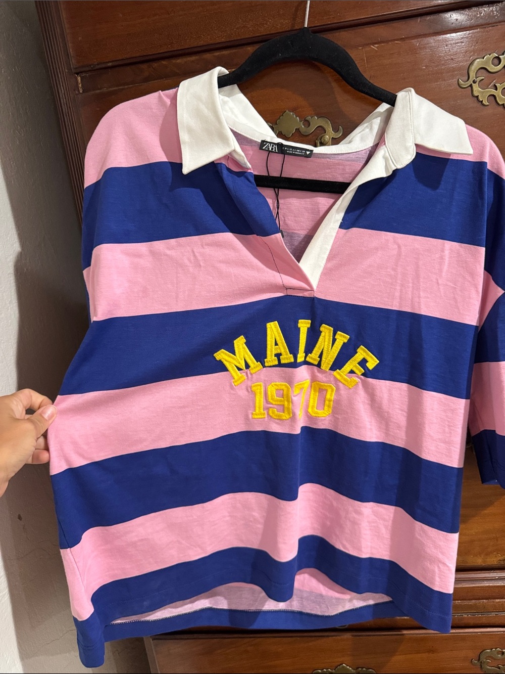 Zara Pink & Navy Striped Rugby Shirt with White Collar
